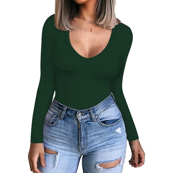 Long Sleeve V-Neck Green Top - Picture 1 of 5